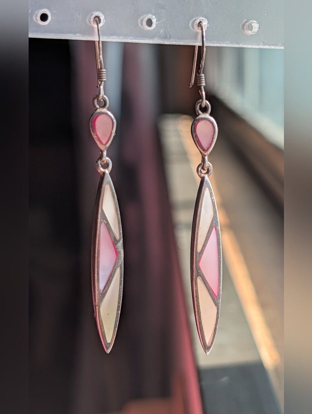 Vintage 925 Pink Mother Of Pearl Inlay Southwestern Earrings